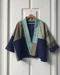 Unique handcrafted patchwork Haori Kimono jacket in cotton, in colors blue and green and turquoise. 