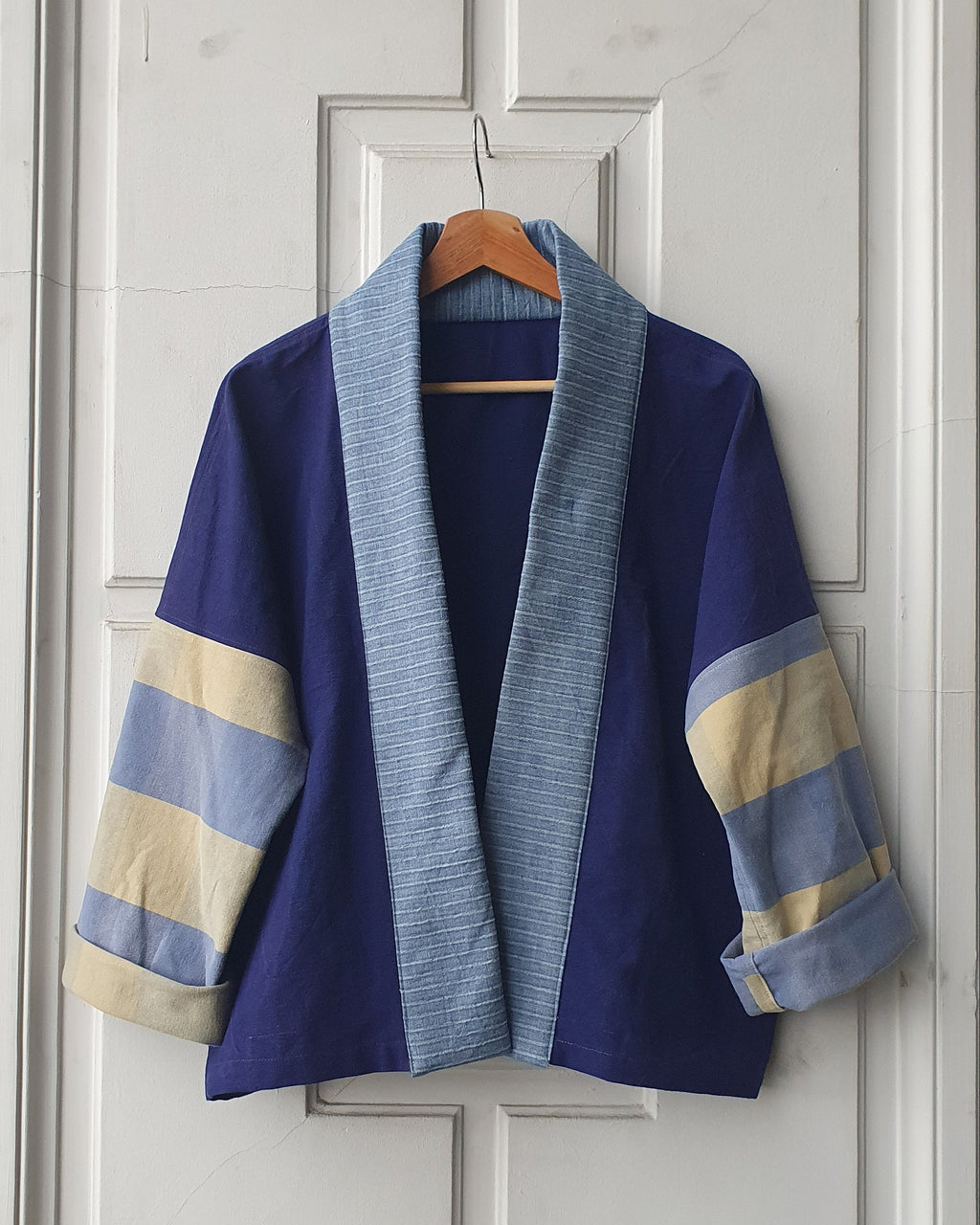 Unique handcrafted patchwork Haori Kimono jacket in cotton, in colors blue and green checks. Made by Atelier Heimat, handcrafted by Kachiri Faes