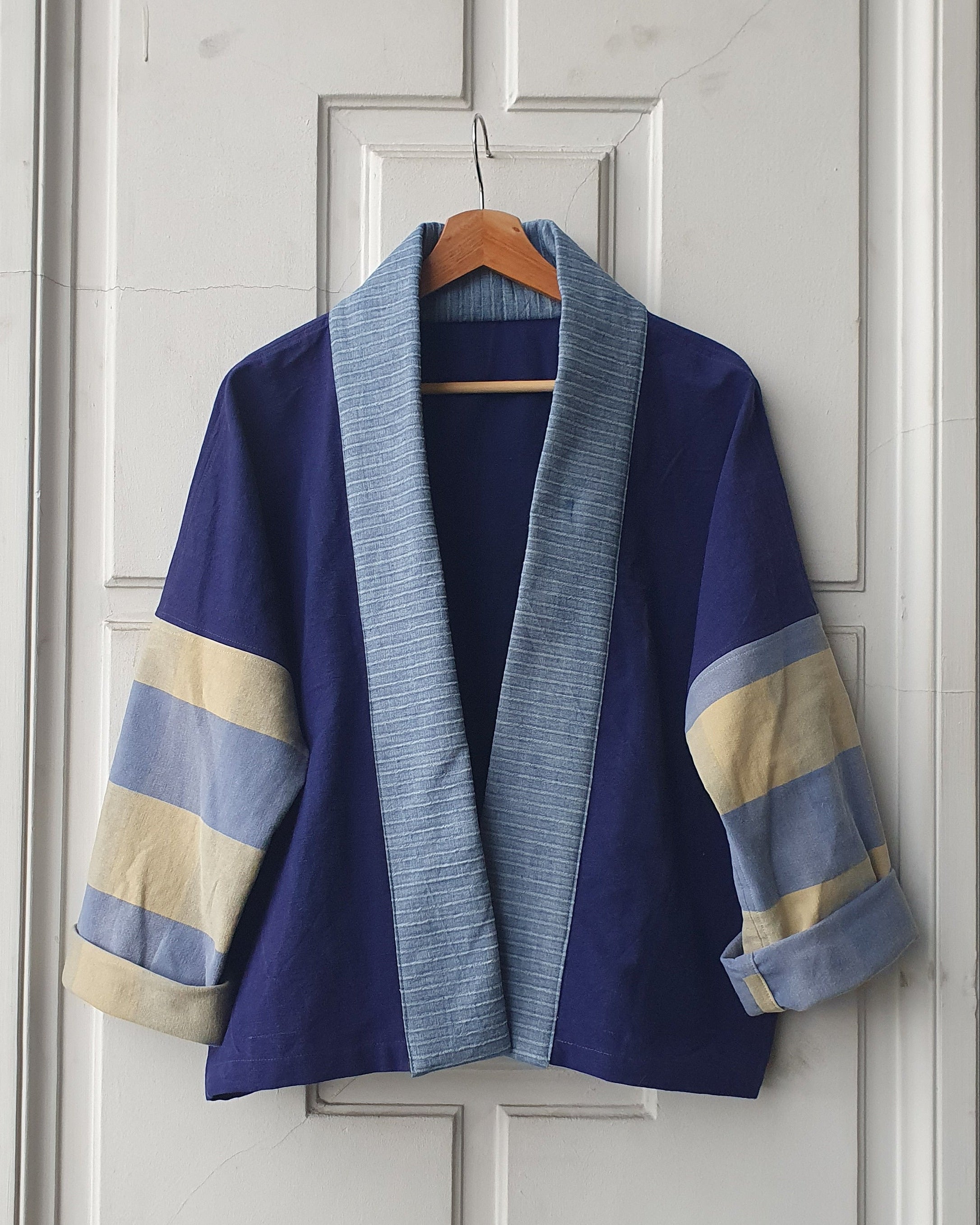 Unique handcrafted patchwork Haori Kimono jacket in cotton, in colors blue and green checks. Made by Atelier Heimat, handcrafted by Kachiri Faes