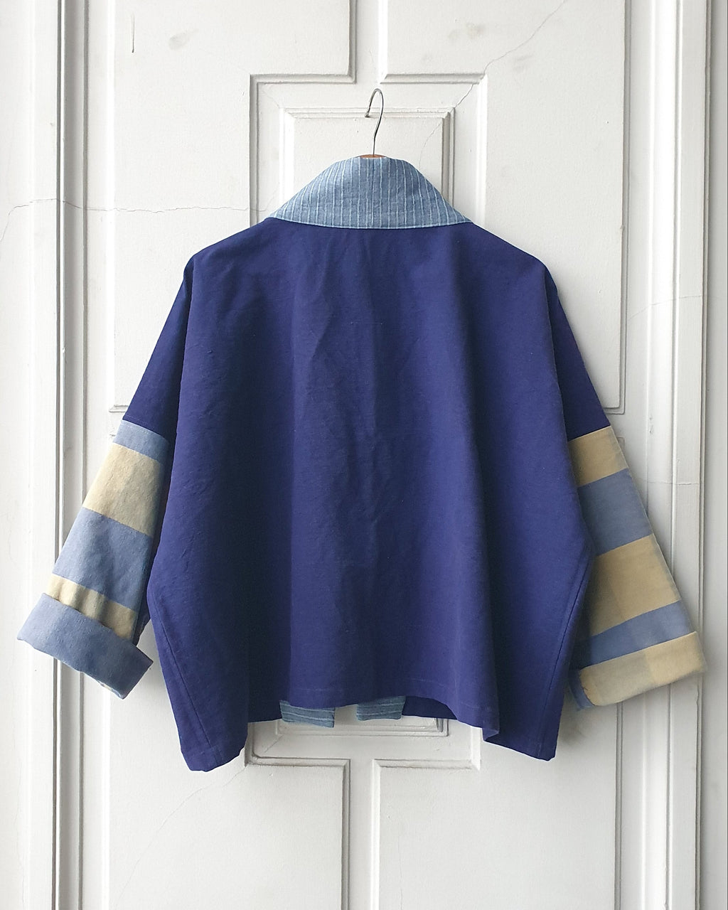 Unique handcrafted patchwork Haori Kimono jacket in cotton, in colors blue and green checks. Made by Atelier Heimat, handcrafted by Kachiri Faes