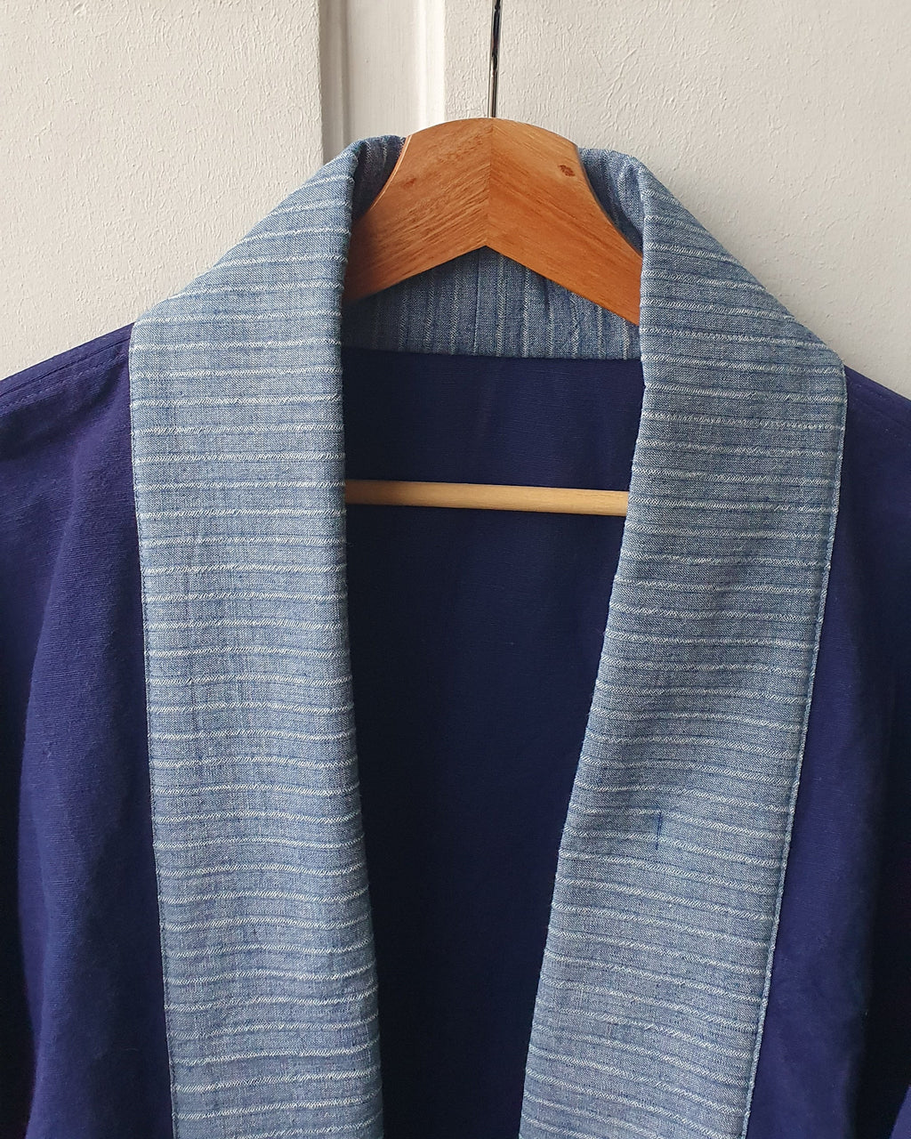 Unique handcrafted patchwork Haori Kimono jacket in cotton, in colors blue and green checks. Made by Atelier Heimat, handcrafted by Kachiri Faes