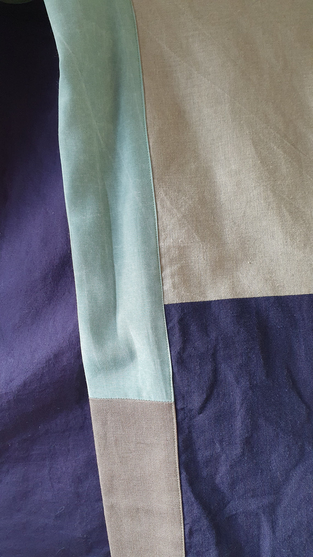 Unique handcrafted patchwork Haori Kimono jacket in cotton, in colors blue and green and turquoise. Atelier Heimat patchwork, made by Kachiri Faes.
